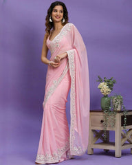 Exclusive Baby Pink Georgette Sequence Work Saree With Blouse