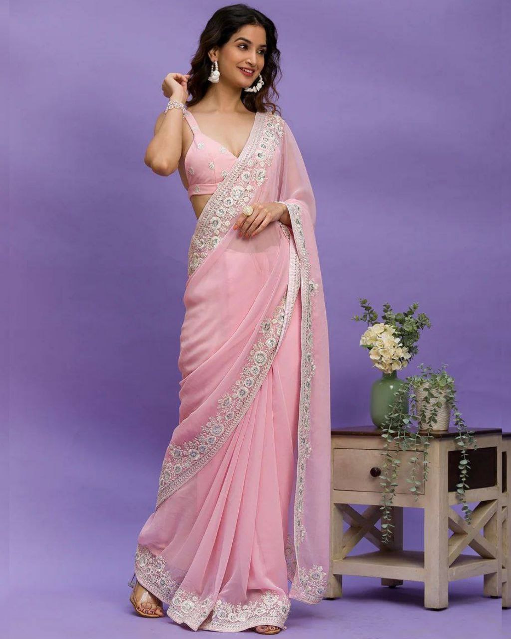 Exclusive Baby Pink Georgette Sequence Work Saree With Blouse