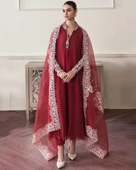 Beautiful Red Faux Georgette Fancy Embroidery Work Pakistani Suit With Dupatta