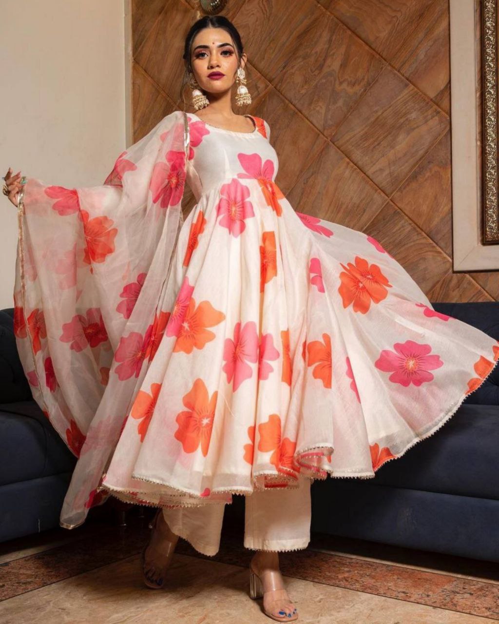 Casual Off White Pure Georgette Digital Flower Print Anarkali Suit With Dupatta