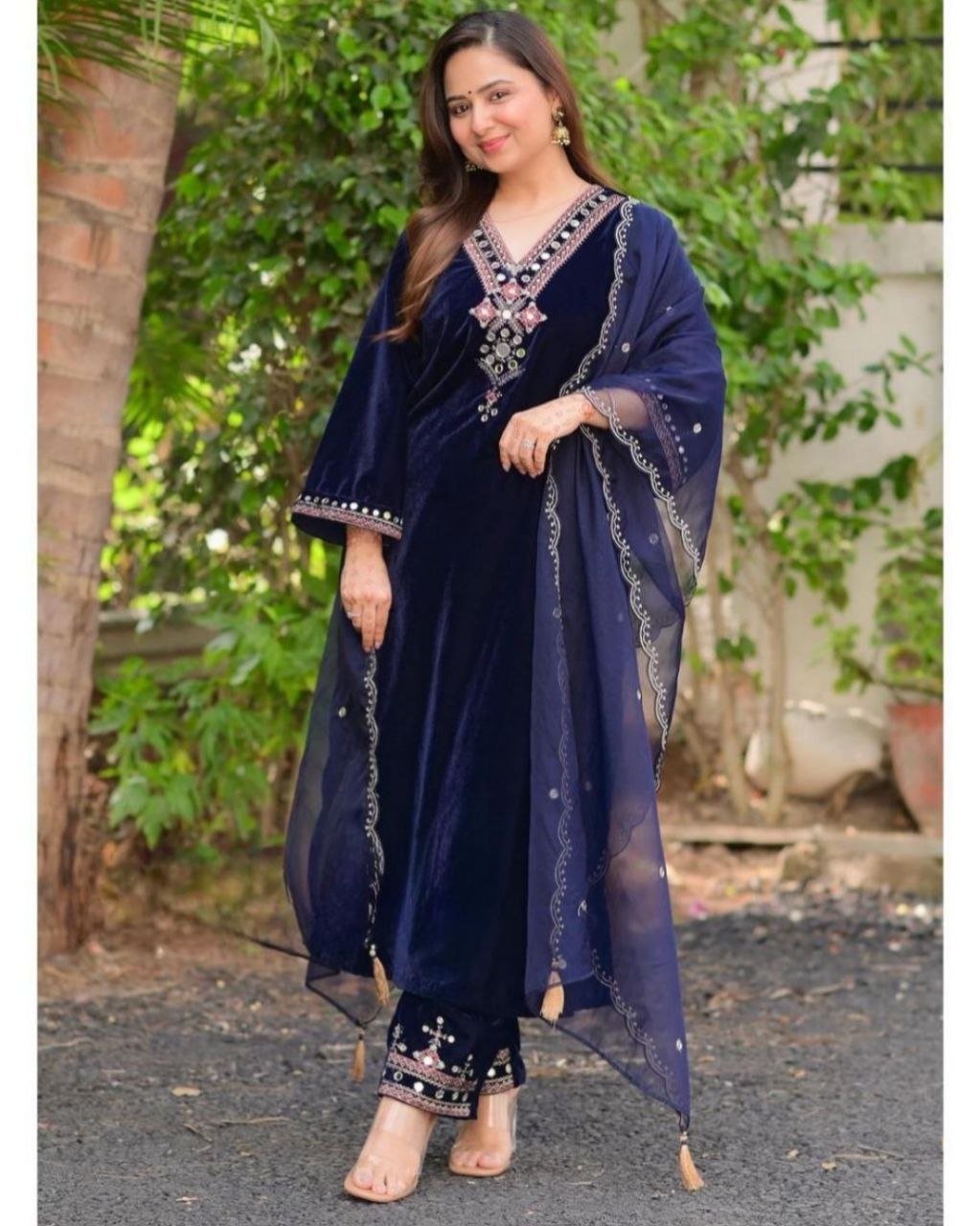 Casual Dark Blue Micro Velvet Embroidery Work Palazo Suit With Dupatta