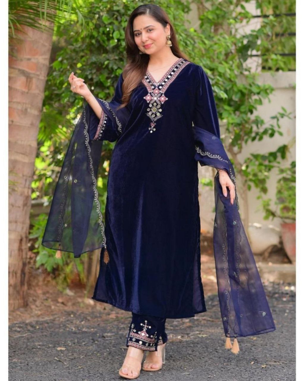 Casual Dark Blue Micro Velvet Embroidery Work Palazo Suit With Dupatta