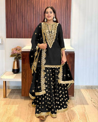 Exclusive Black Pure Georgette Embroidery Work Sharara Suit With Dupatta