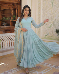 Casual Sky Pure Georgette Embroidery Work Anarkali Suit With Dupatta