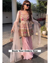 Beautiful Baby Pink Pure Georgette Heavy Embroidery Work Gharara Suit With Dupatta