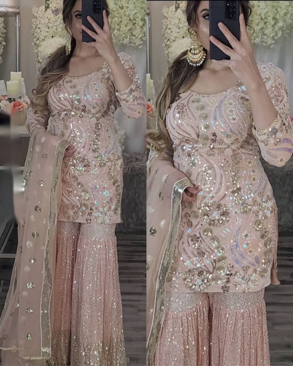 Beautiful Peach Heavy Net Embroidery Work Gharara Suit With Dupatta