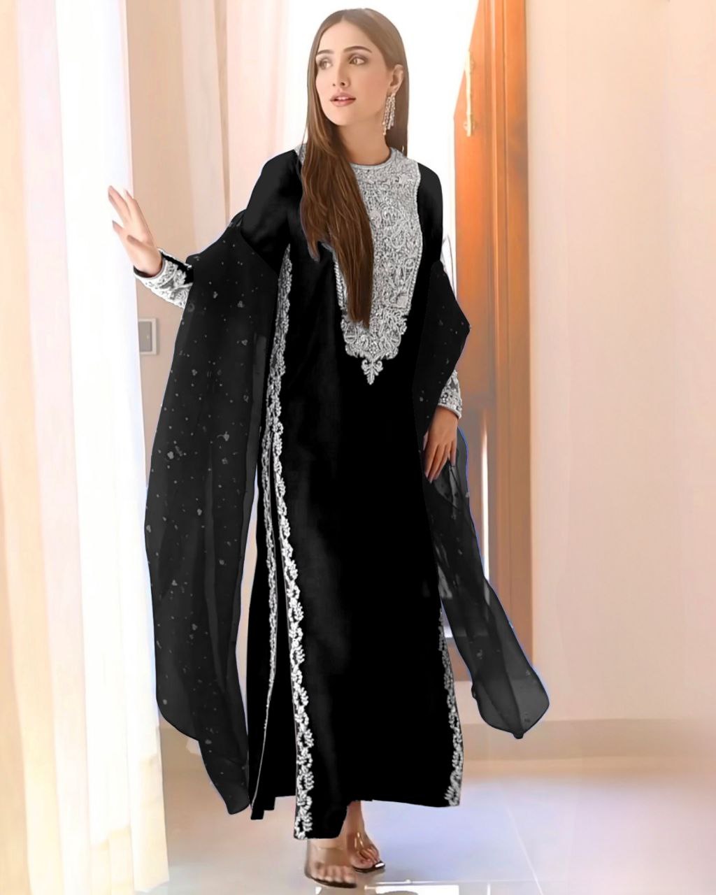 Exclusive Black Faux Georgette Embroidery Work Pakistani Suit With Dupatta