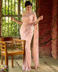 Exclusive Baby Pink Mono Net Embroidery Work Saree With Blouse