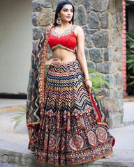 Designer Red With Multi Color Embroidery & Sequence Work Silk Lehenga Choli With Dupatta