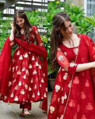 Gorgeous Red Embroidery Work Georgette Gown With Dupatta