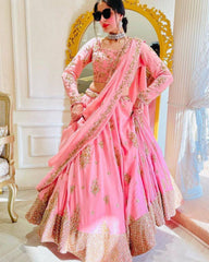 Beautiful Baby Pink Georgette Heavy Bottom Lehenga Choli With Dupatta