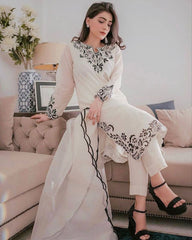 Casual Cream Faux Georgette Embroidery Work Pakistani Suit With Dupatta