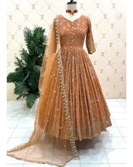 Exclusive Cereal Brown Georgette Embroidery Work Anarkali Suit