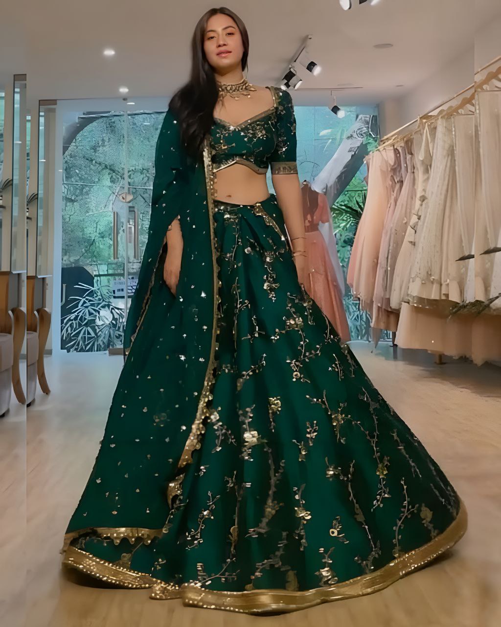 Dark Green Maslin Cotton Embroidery Sequence Work Lehenga Choli With Dupatta