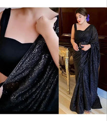 Attractive Black Georgette Sequence Work Saree With Blouse