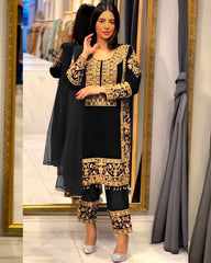 Exclusive Black Micro Velvet Embroidery Work Pakistani Suit With Dupatta