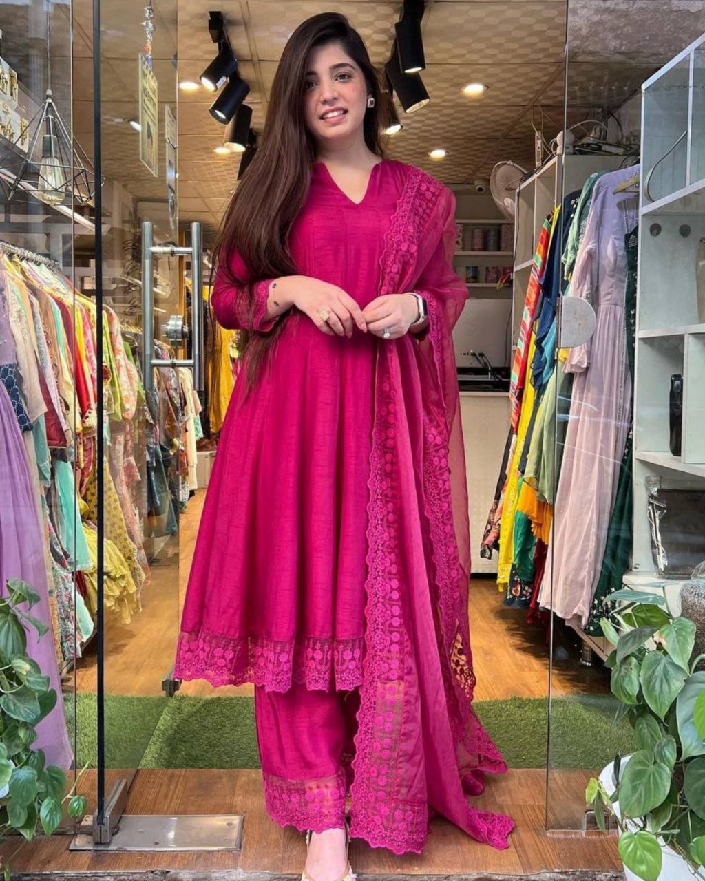 Classy Pink Pure Cotton Lace Work Pant Suit With Organza Dupatta