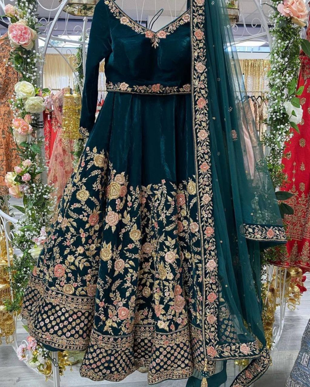 Designer Green Micro Velvet Heavy Embroidery Work Lehenga Choli With Dupatta