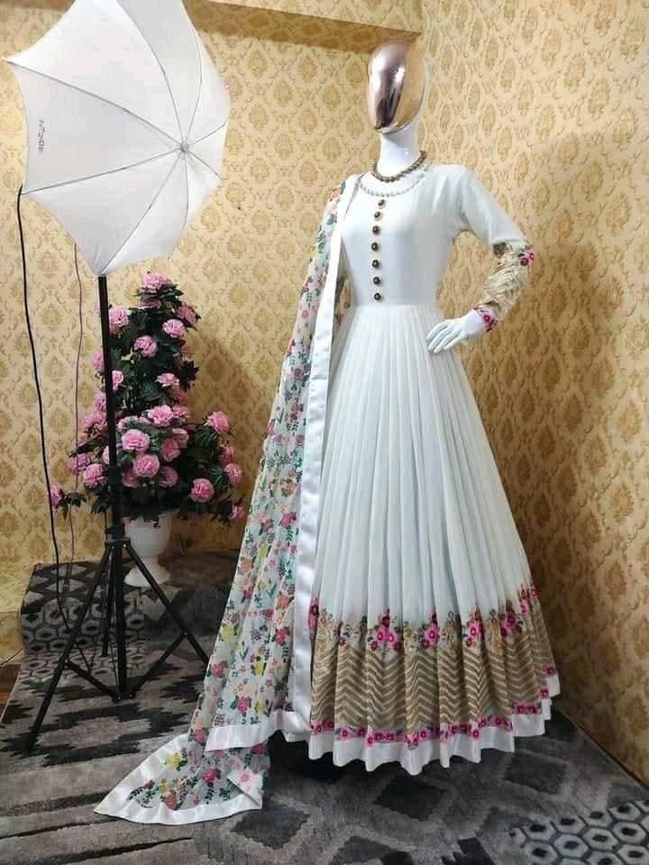 Designer White Pure Georgette Heavy Embroidery Work Anarkali Suit With Dupatta