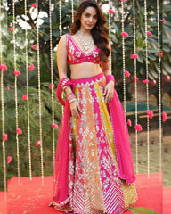 Party Wear Multi Color Raw Silk Embroidery Work Lehenga Choli With Net Dupatta