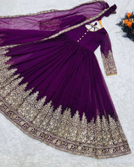 Exclusive Purple Pure Georgette Embroidery Work Anarkali Gown With Dupatta