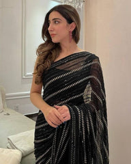 Exclusive Black Mono Net Lace Work Saree With Blouse