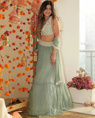 Exclusive Sea Green Pure Georgette Embroidery Work Lehenga Choli With Dupatta