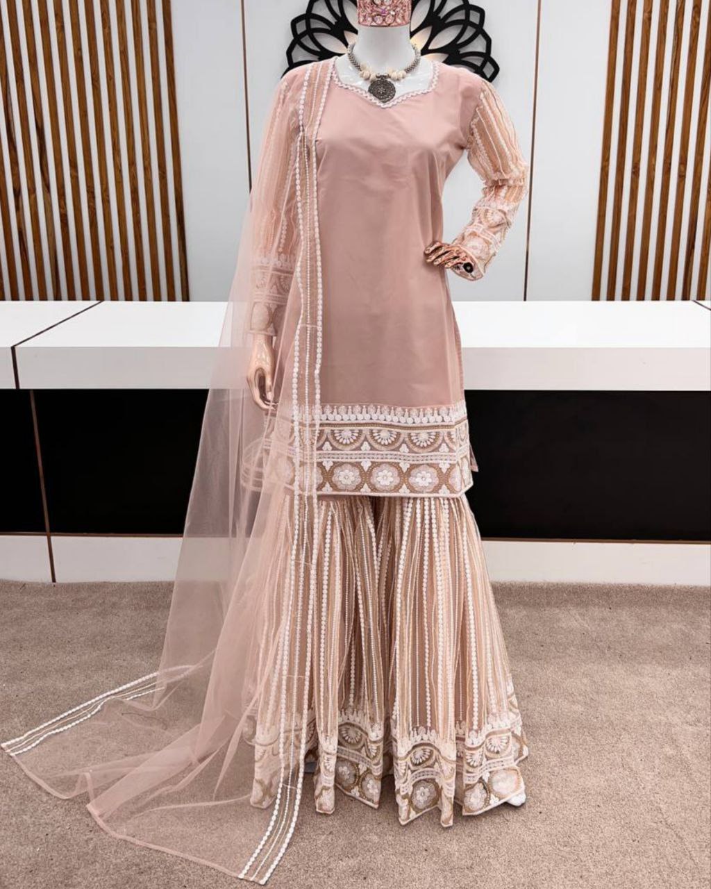 Exclusive Peach Nylon Net Embroidery Work Gharara Suit With Dupatta