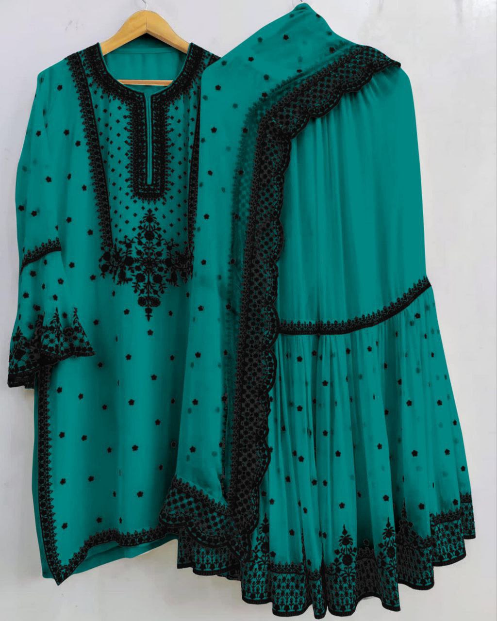 Exclusive Bottle Green Pure Georgette Embroidery Work Sharara Suit With Dupatta