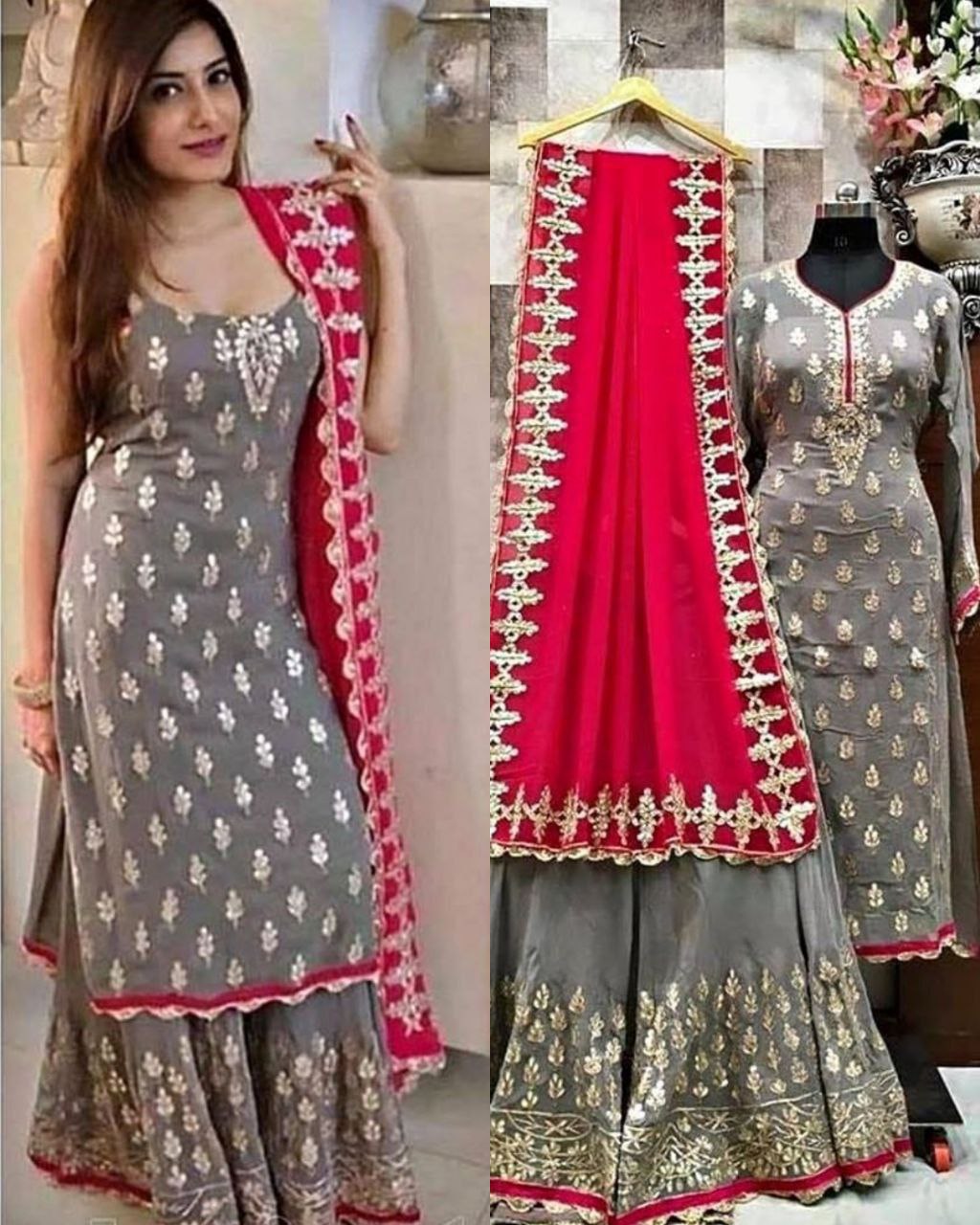 Exclusive Grey Georgette Silk Zari Work Salwar Suits With Contrast Dupatta