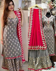 Exclusive Grey Georgette Silk Zari Work Salwar Suits With Contrast Dupatta