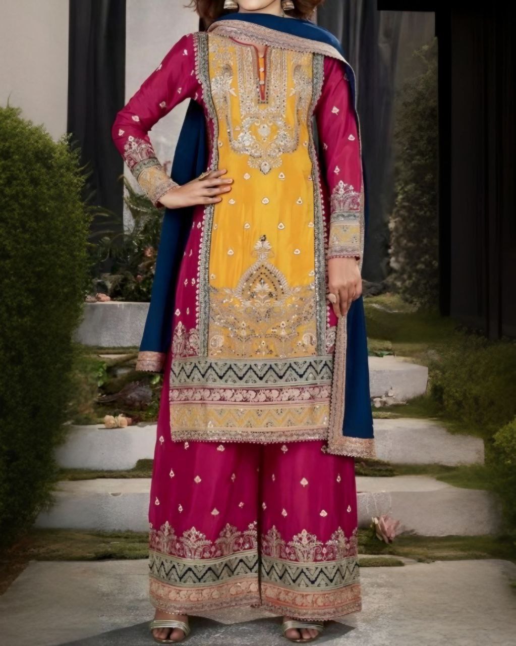 Exclusive Red & Yellow Pure Georgette Sequence Work Palazo Suit With Blue Dupatta